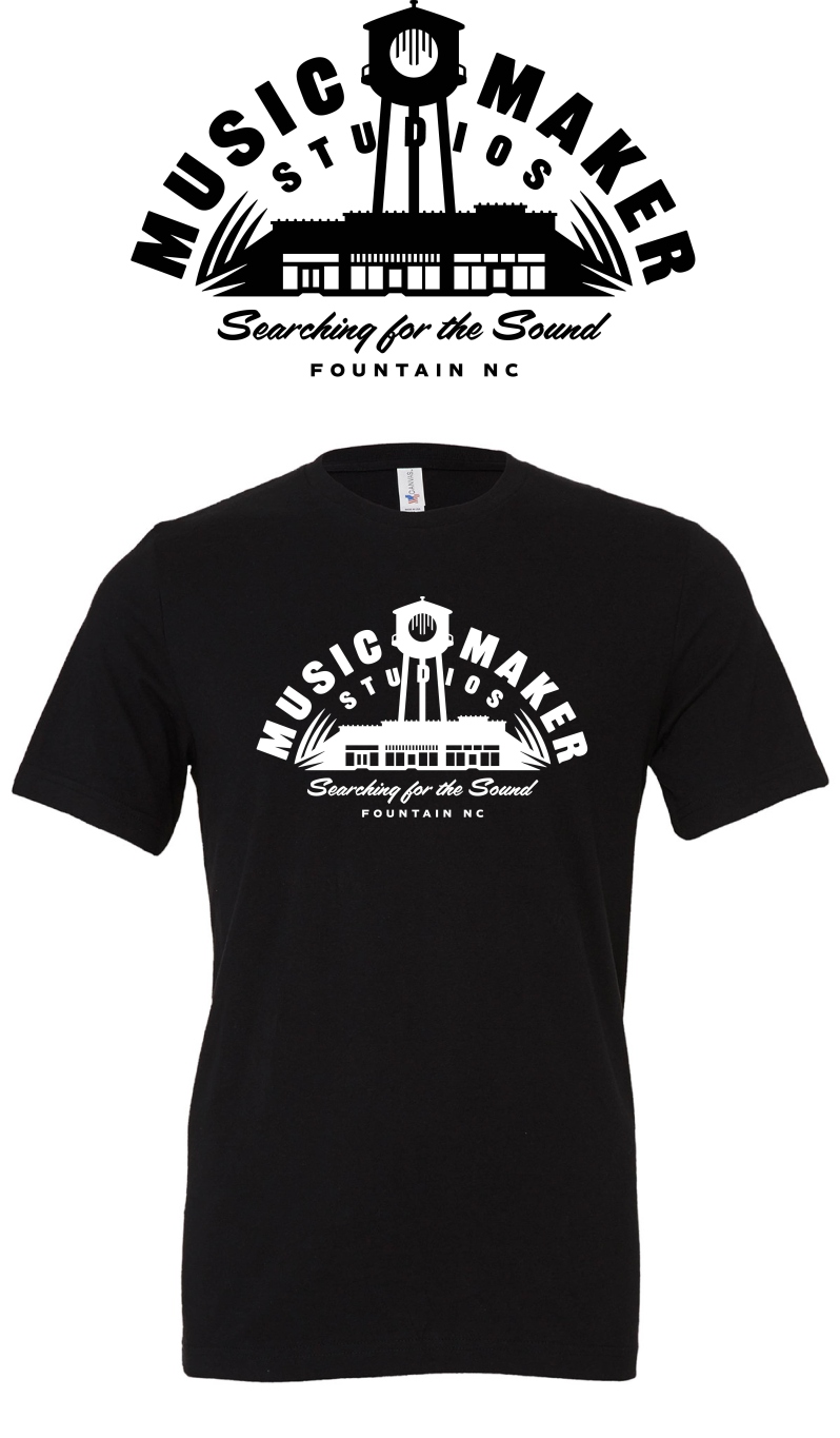 Product Description: 100% Cotton Black Short Sleeve Tee with Music Maker Studios Searching for the Sound Logo. Please note that this is a fitted tee cut and may shrink in the wash.</br> Music Maker Studios Tee Shirt